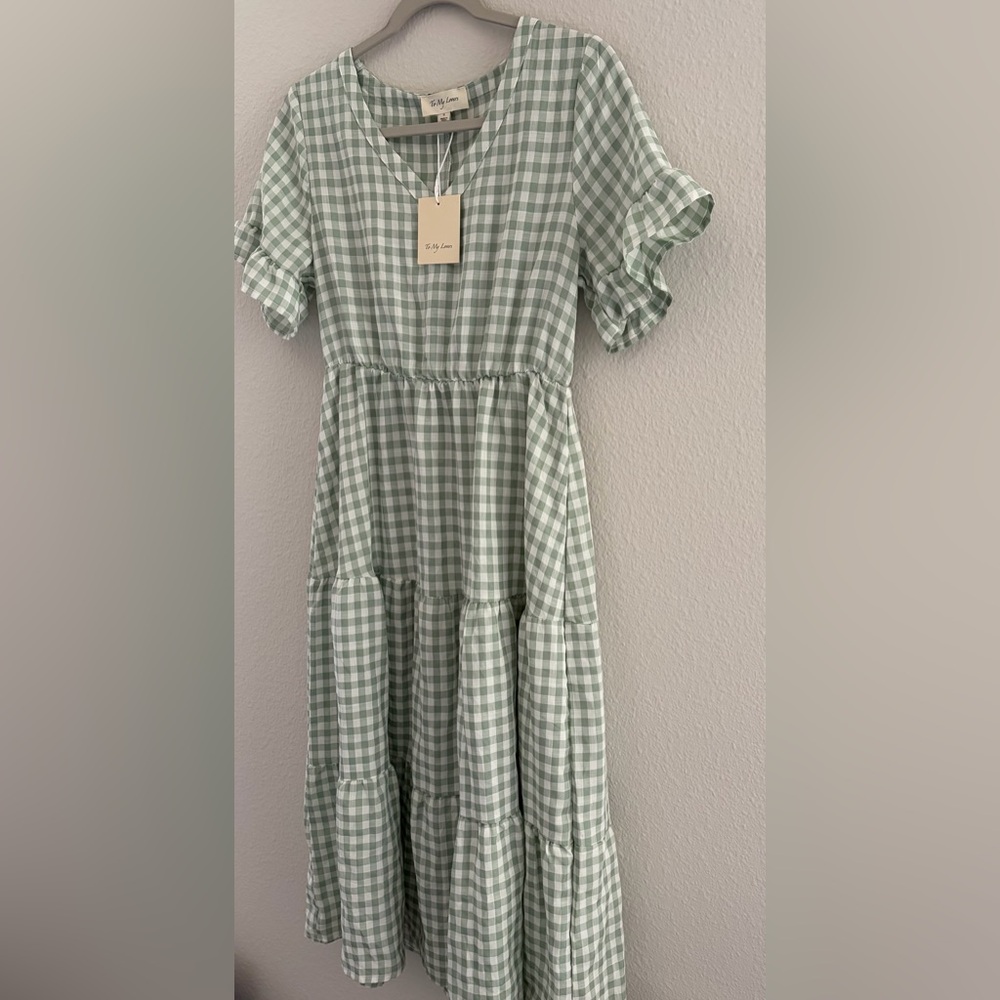 To My Lovers Sage Green Gingham Cotton Tiered Midi Dress Small NWT - Picture 8 of 12